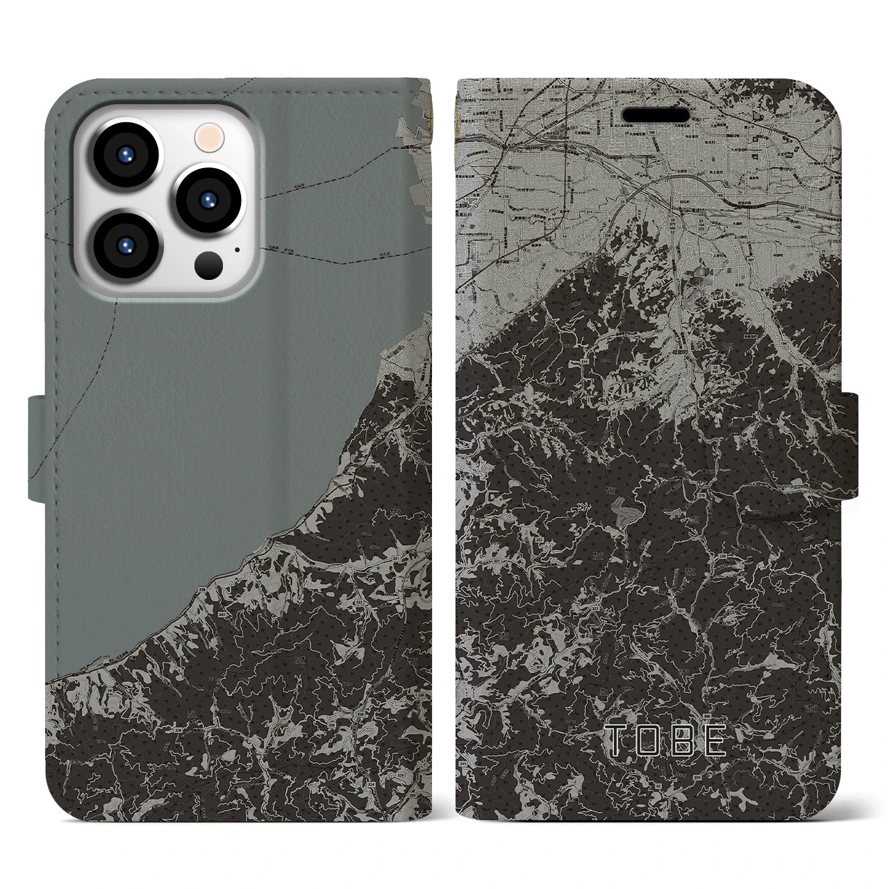 【砥部(愛媛県)】地図柄iPhoneケース(手帳タイプ)モノトーン・iPhone 13 Pro 用