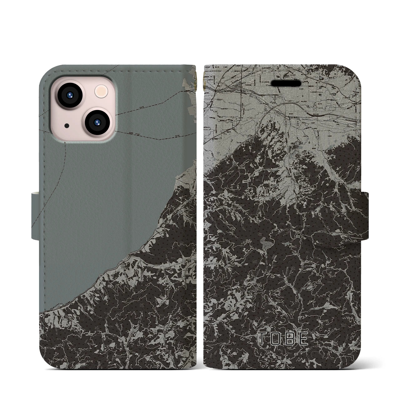 【砥部(愛媛県)】地図柄iPhoneケース(手帳タイプ)モノトーン・iPhone 13 mini 用