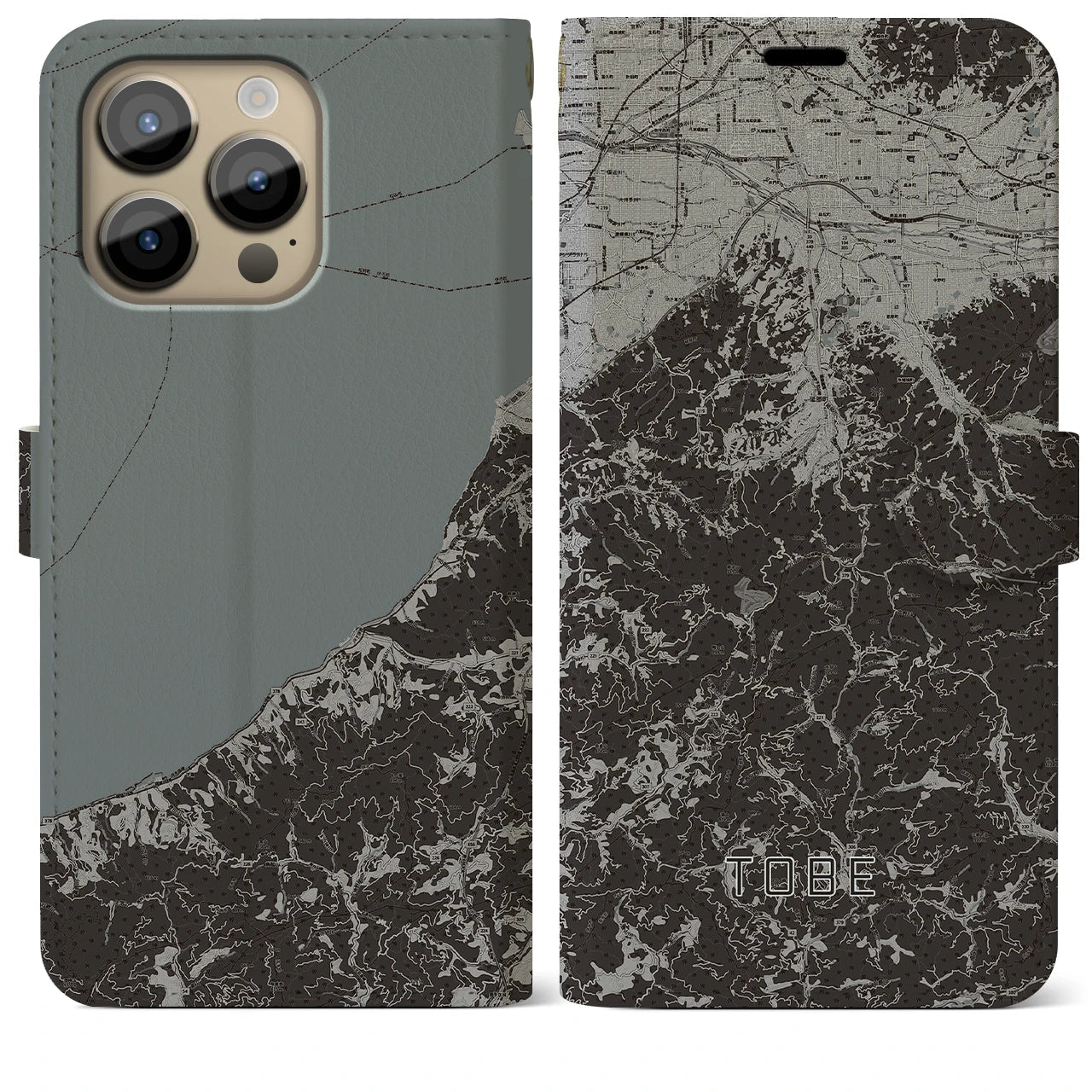 【砥部(愛媛県)】地図柄iPhoneケース(手帳タイプ)モノトーン・iPhone 14 Pro Max 用
