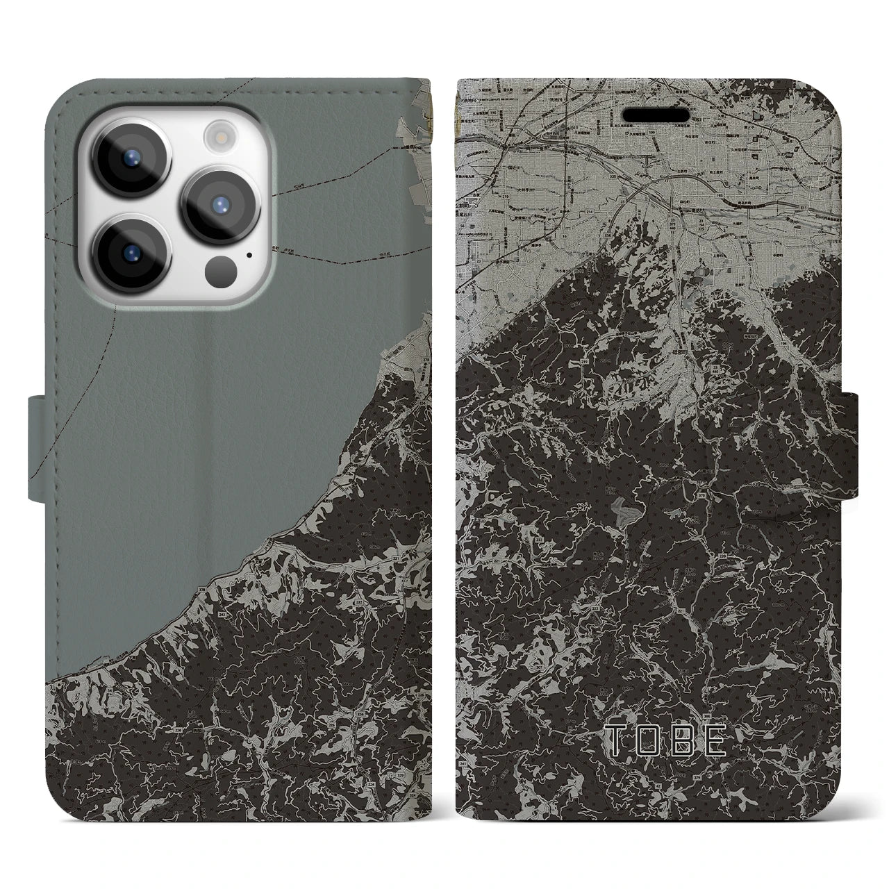 【砥部(愛媛県)】地図柄iPhoneケース(手帳タイプ)モノトーン・iPhone 14 Pro 用