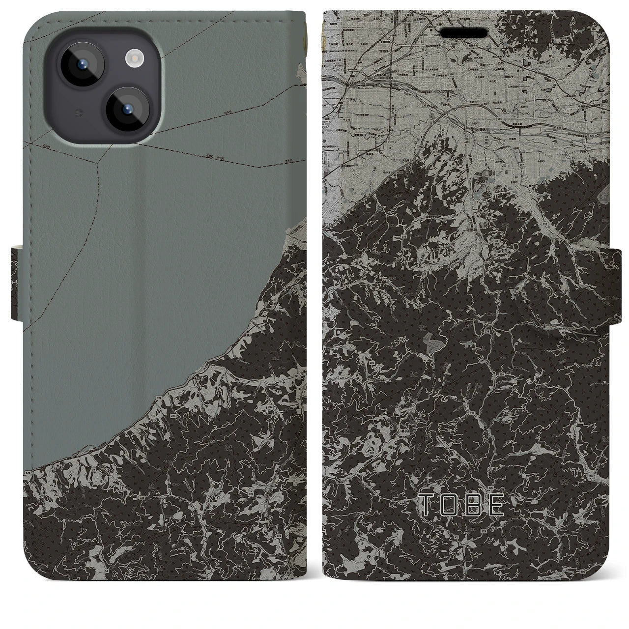 【砥部(愛媛県)】地図柄iPhoneケース(手帳タイプ)モノトーン・iPhone 14 Plus 用