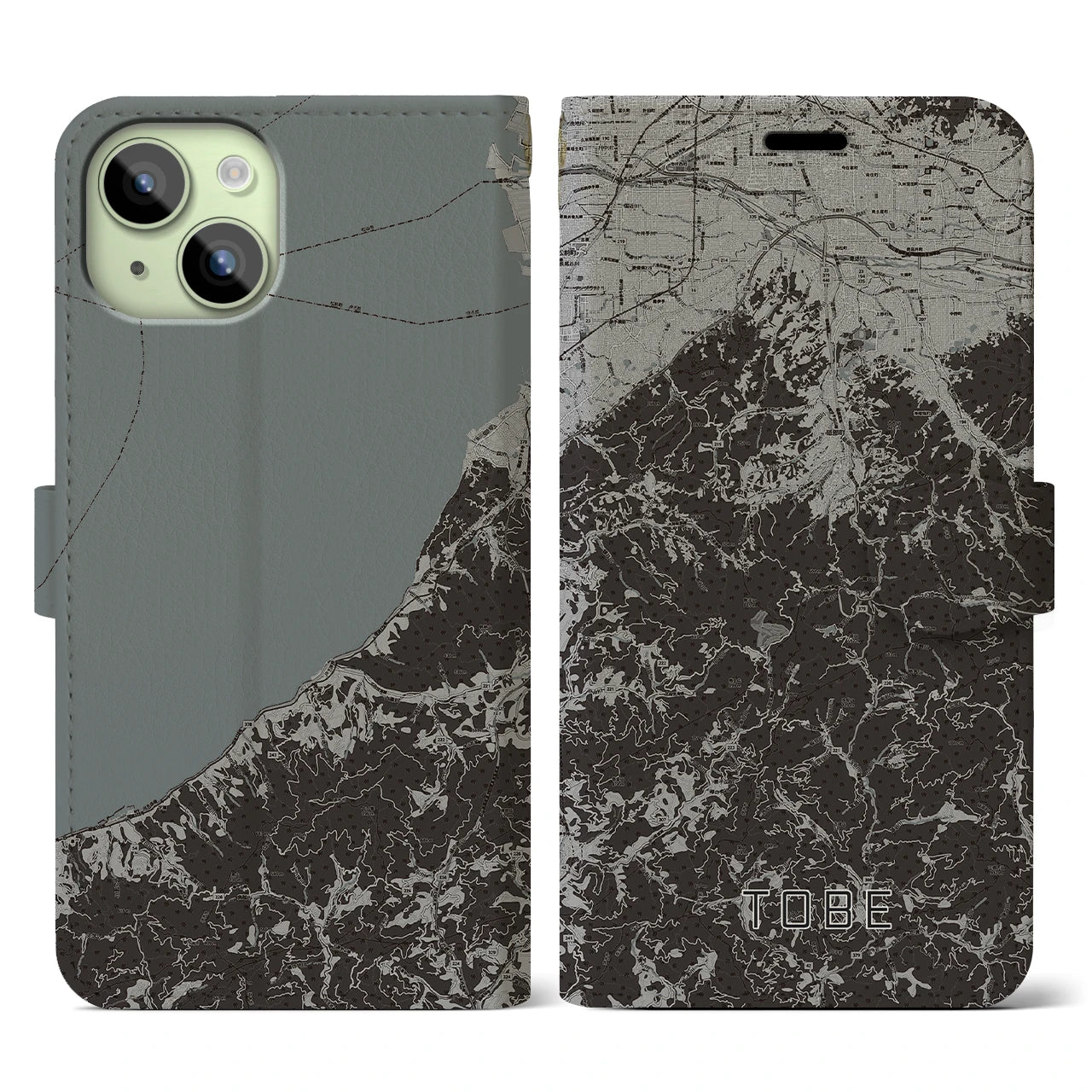 【砥部(愛媛県)】地図柄iPhoneケース(手帳タイプ)モノトーン・iPhone 15 用