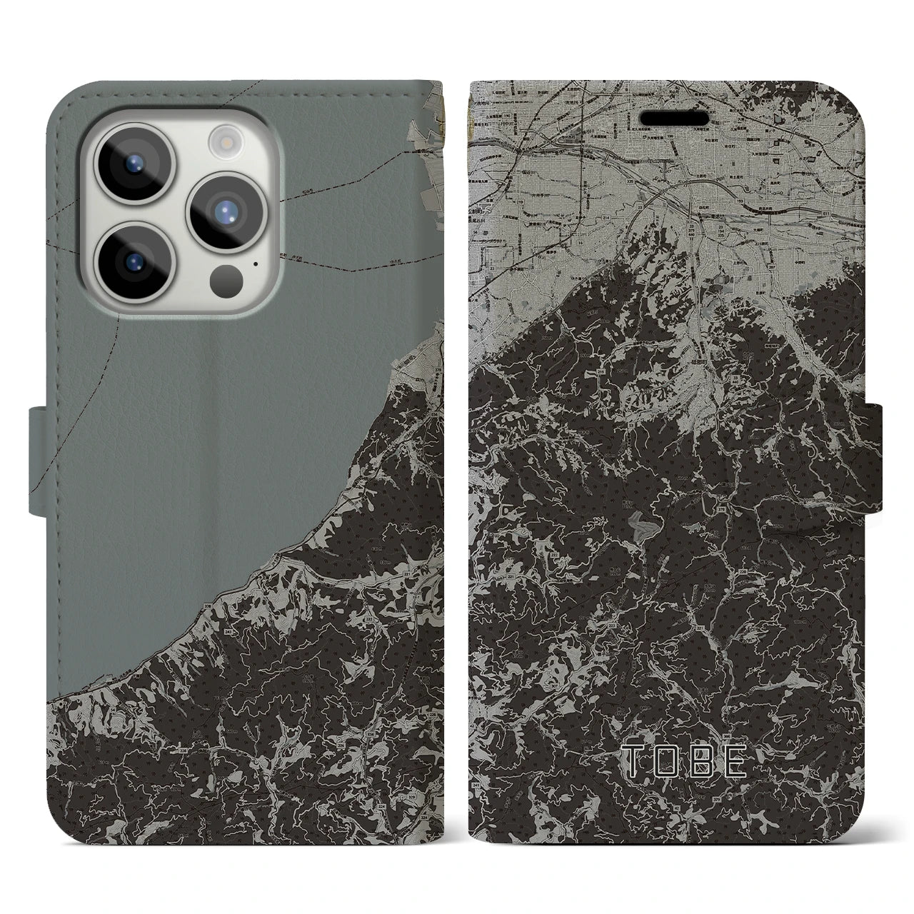 【砥部(愛媛県)】地図柄iPhoneケース(手帳タイプ)モノトーン・iPhone 15 Pro 用