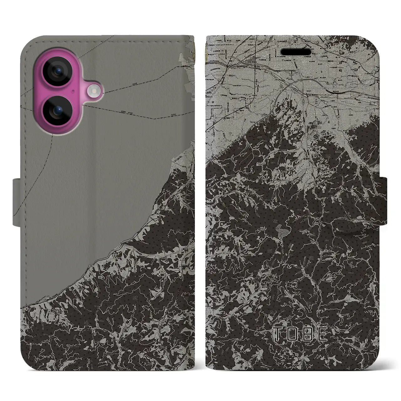 【砥部(愛媛県)】地図柄iPhoneケース(手帳タイプ)モノトーン・iPhone 16 Pro 用