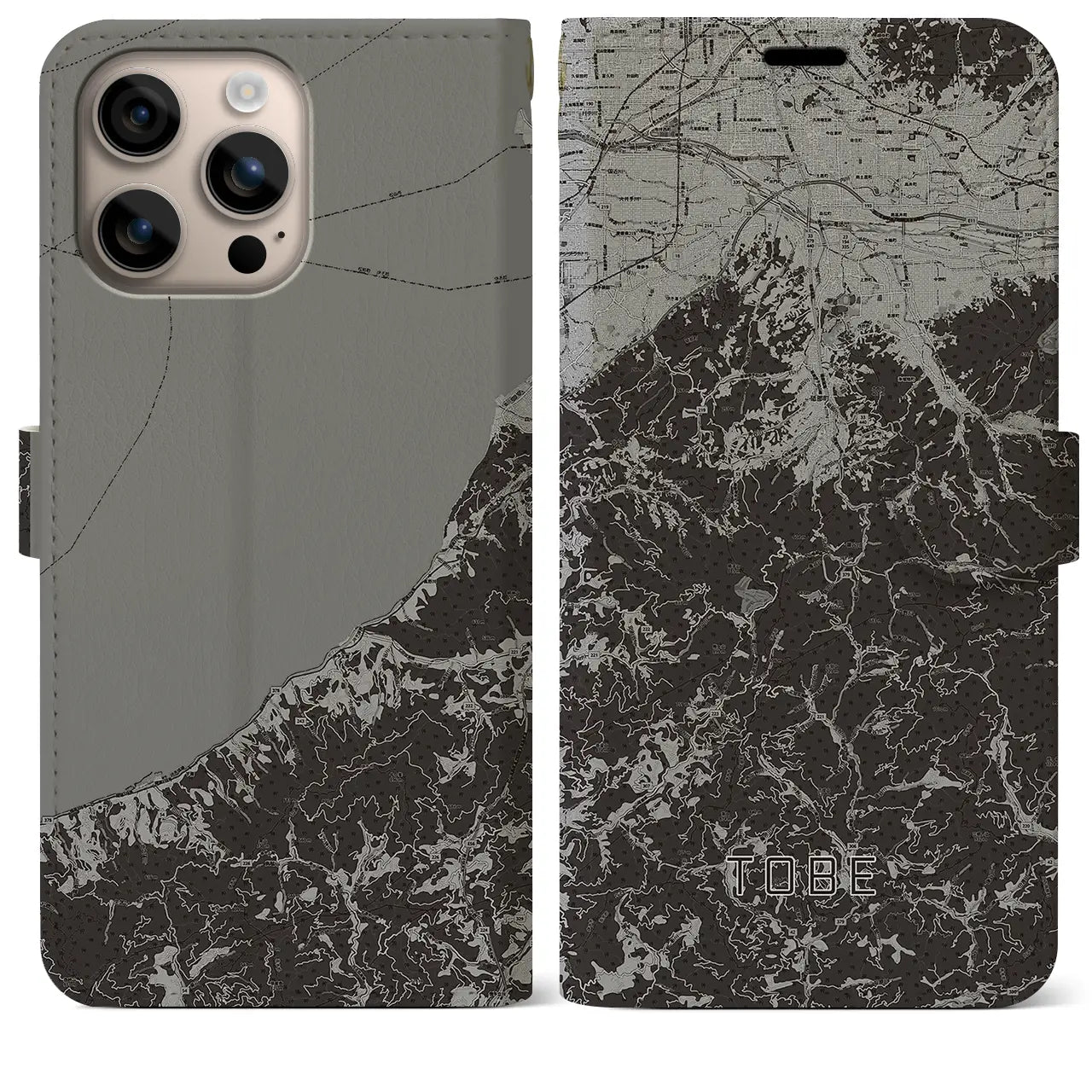 【砥部(愛媛県)】地図柄iPhoneケース(手帳タイプ)モノトーン・iPhone 16 Plus 用