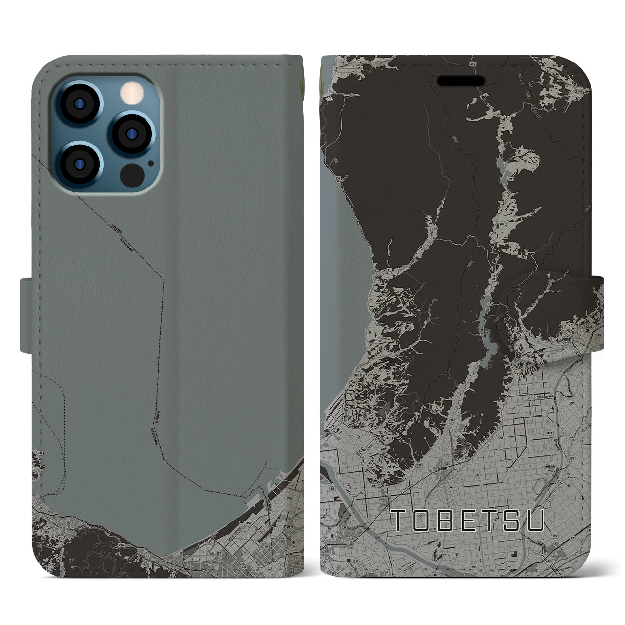 【当別(北海道)】地図柄iPhoneケース(手帳タイプ)モノトーン・iPhone 12 / 12 Pro 用