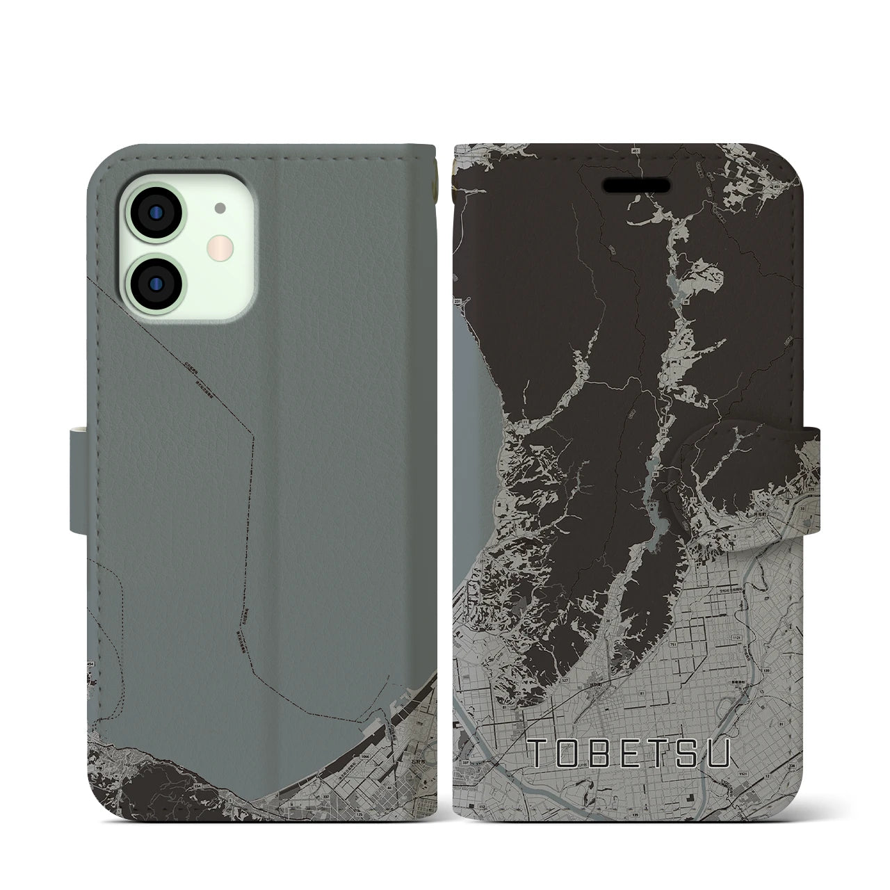 【当別(北海道)】地図柄iPhoneケース(手帳タイプ)モノトーン・iPhone 12 mini 用