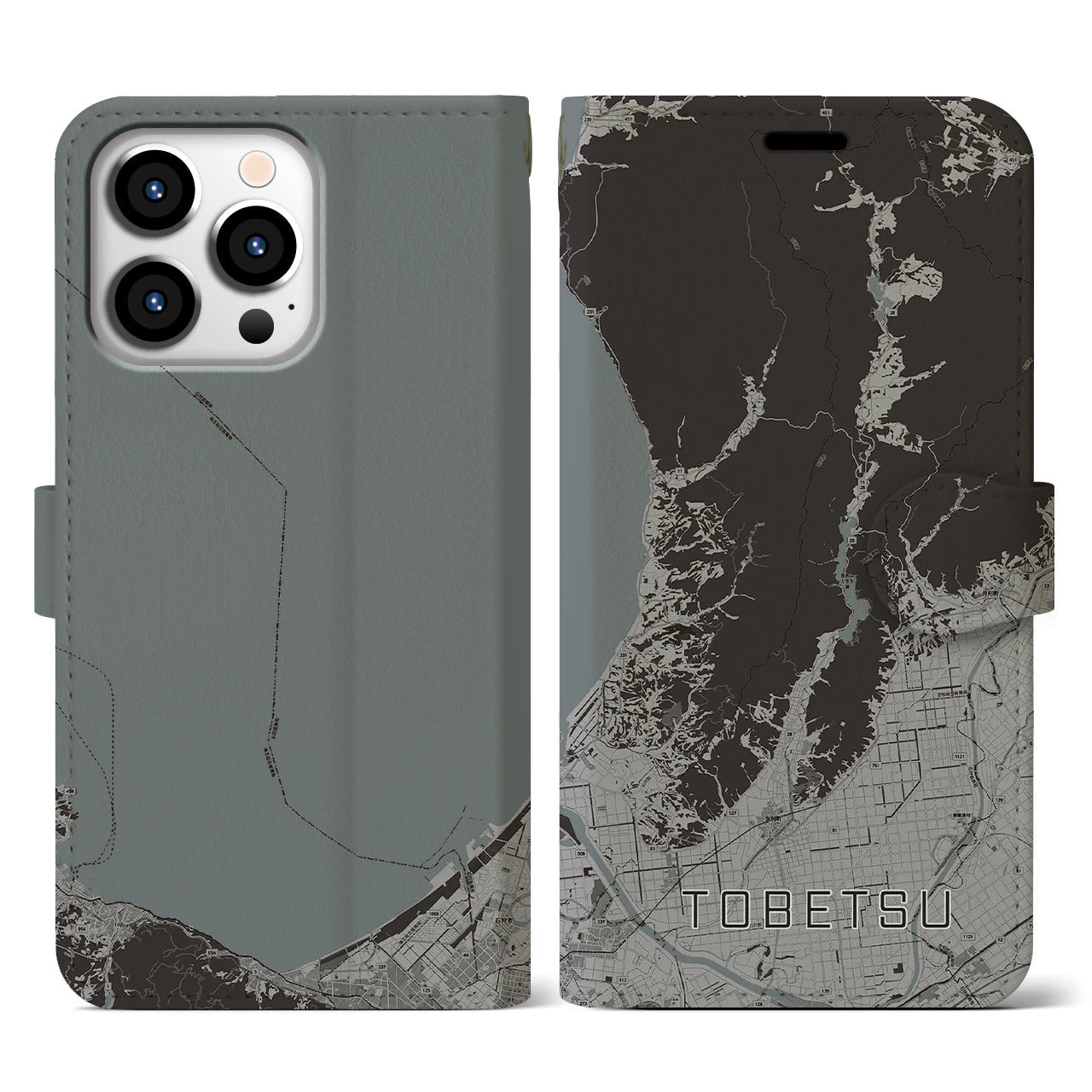 【当別(北海道)】地図柄iPhoneケース(手帳タイプ)モノトーン・iPhone 13 Pro 用