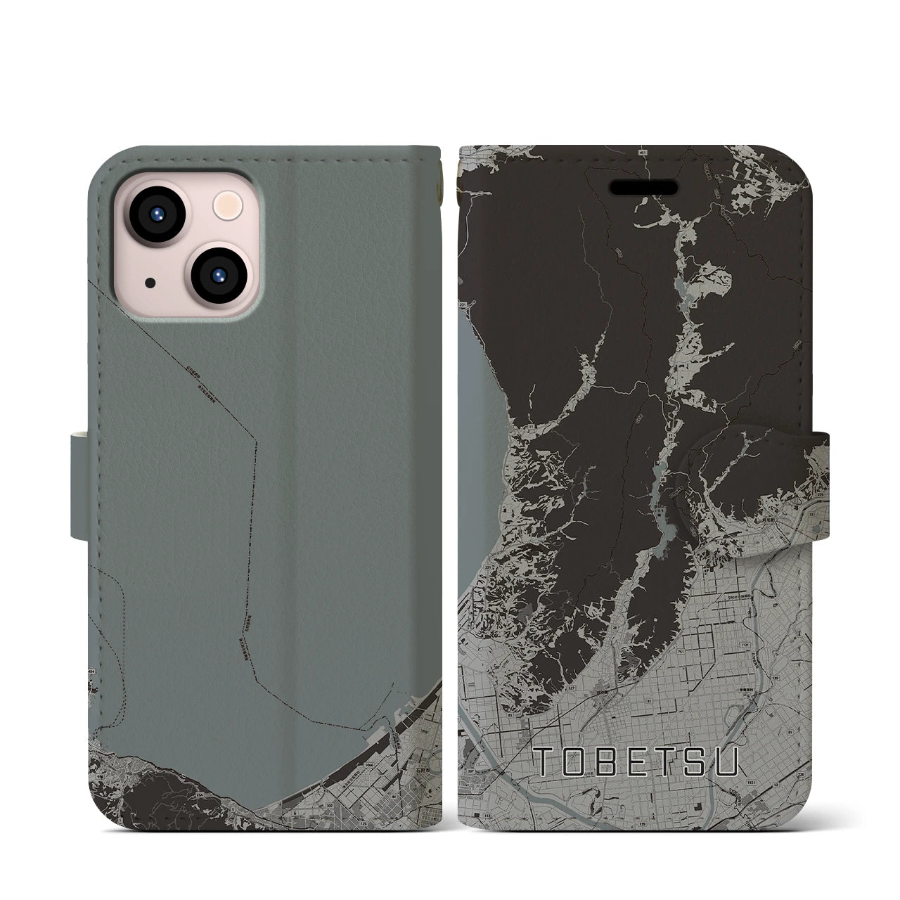 【当別(北海道)】地図柄iPhoneケース(手帳タイプ)モノトーン・iPhone 13 mini 用