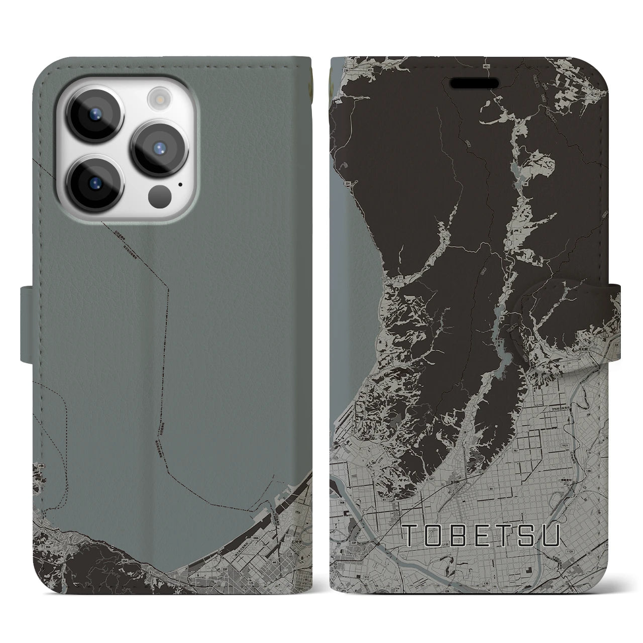 【当別(北海道)】地図柄iPhoneケース(手帳タイプ)モノトーン・iPhone 14 Pro 用