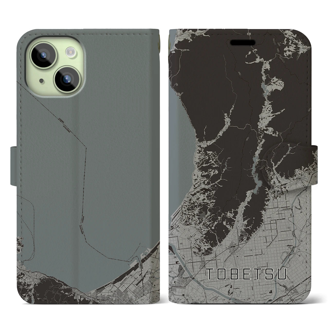 【当別(北海道)】地図柄iPhoneケース(手帳タイプ)モノトーン・iPhone 15 用