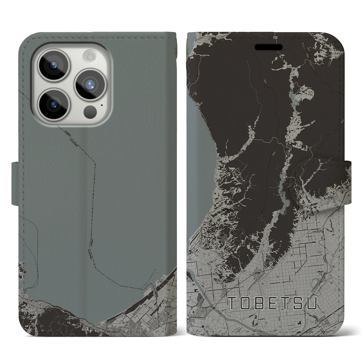 【当別(北海道)】地図柄iPhoneケース(手帳タイプ)モノトーン・iPhone 15 Pro 用