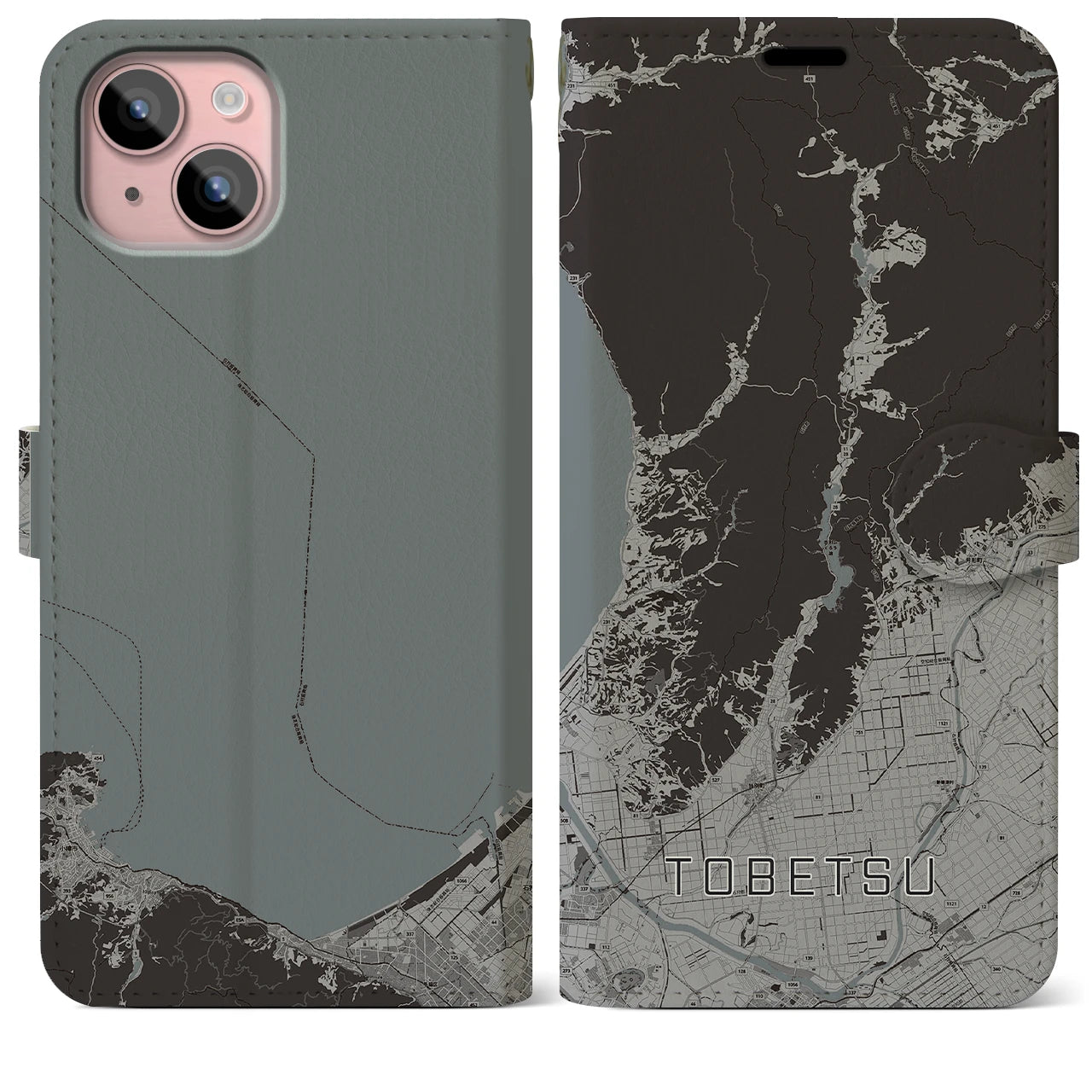 【当別(北海道)】地図柄iPhoneケース(手帳タイプ)モノトーン・iPhone 15 Plus 用