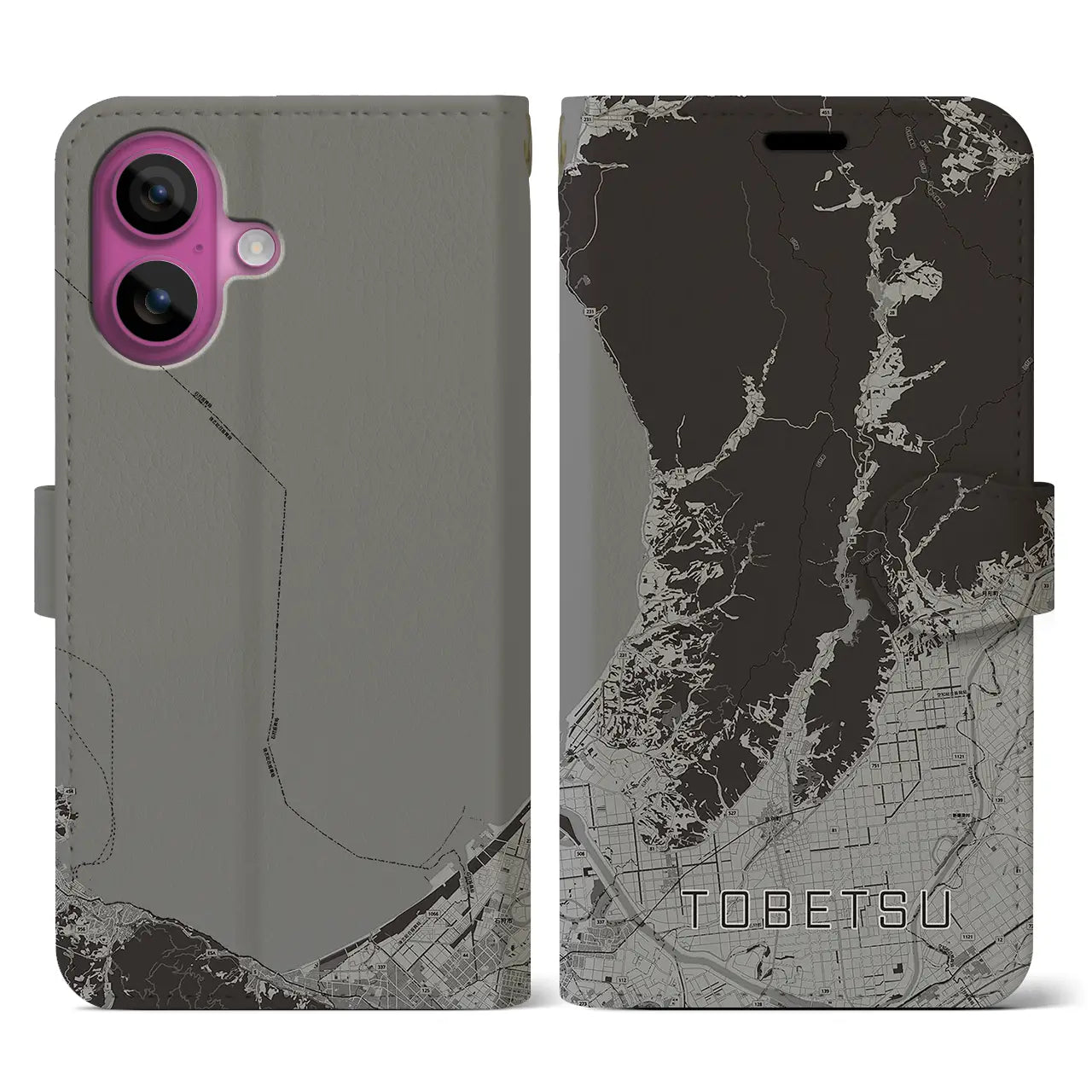 【当別(北海道)】地図柄iPhoneケース(手帳タイプ)モノトーン・iPhone 16 Pro 用