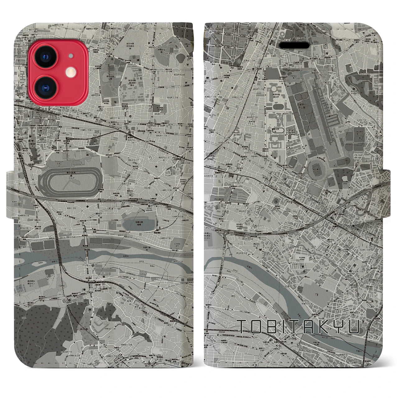 【飛田給(東京都)】地図柄iPhoneケース(手帳タイプ)モノトーン・iPhone 11 用