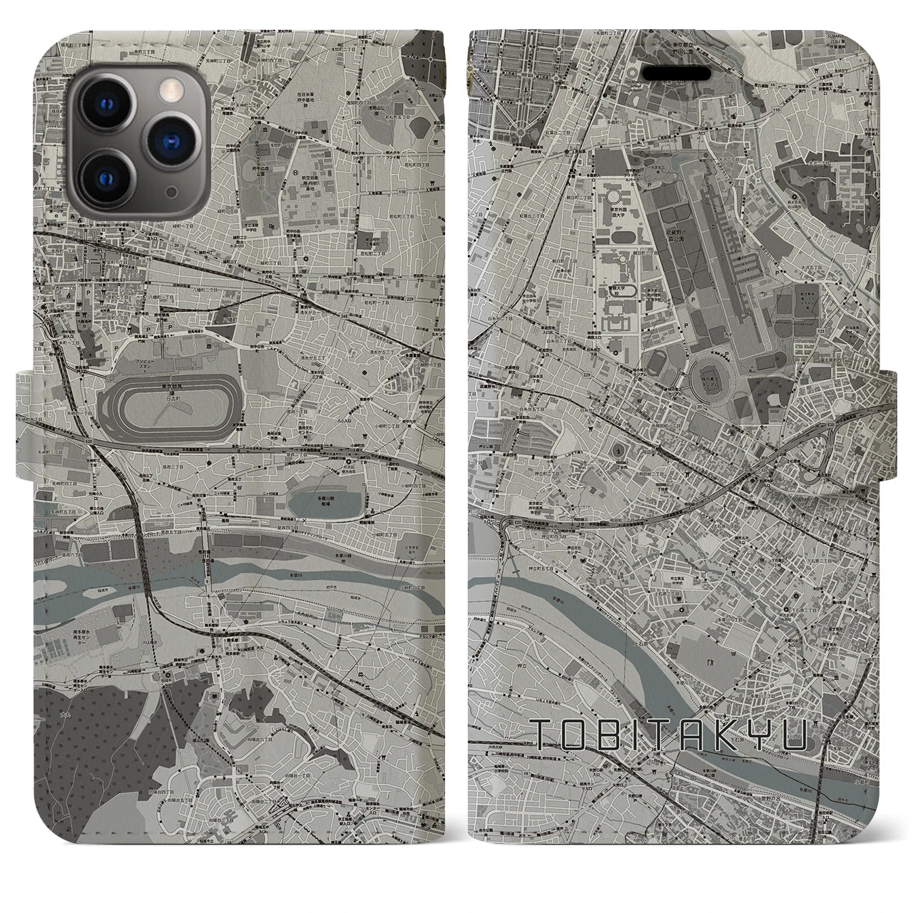 【飛田給(東京都)】地図柄iPhoneケース(手帳タイプ)モノトーン・iPhone 11 Pro Max 用