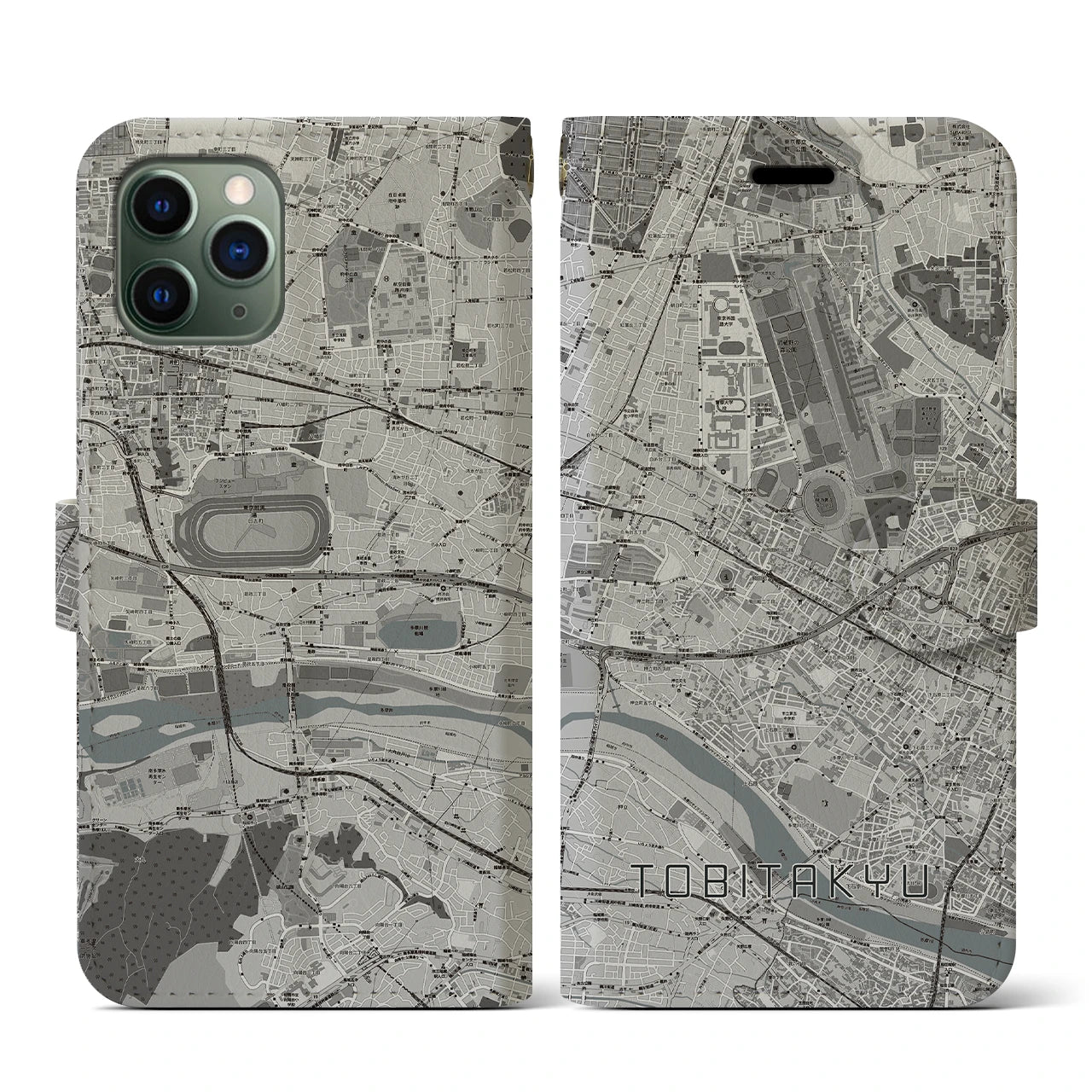 【飛田給(東京都)】地図柄iPhoneケース(手帳タイプ)モノトーン・iPhone 11 Pro 用