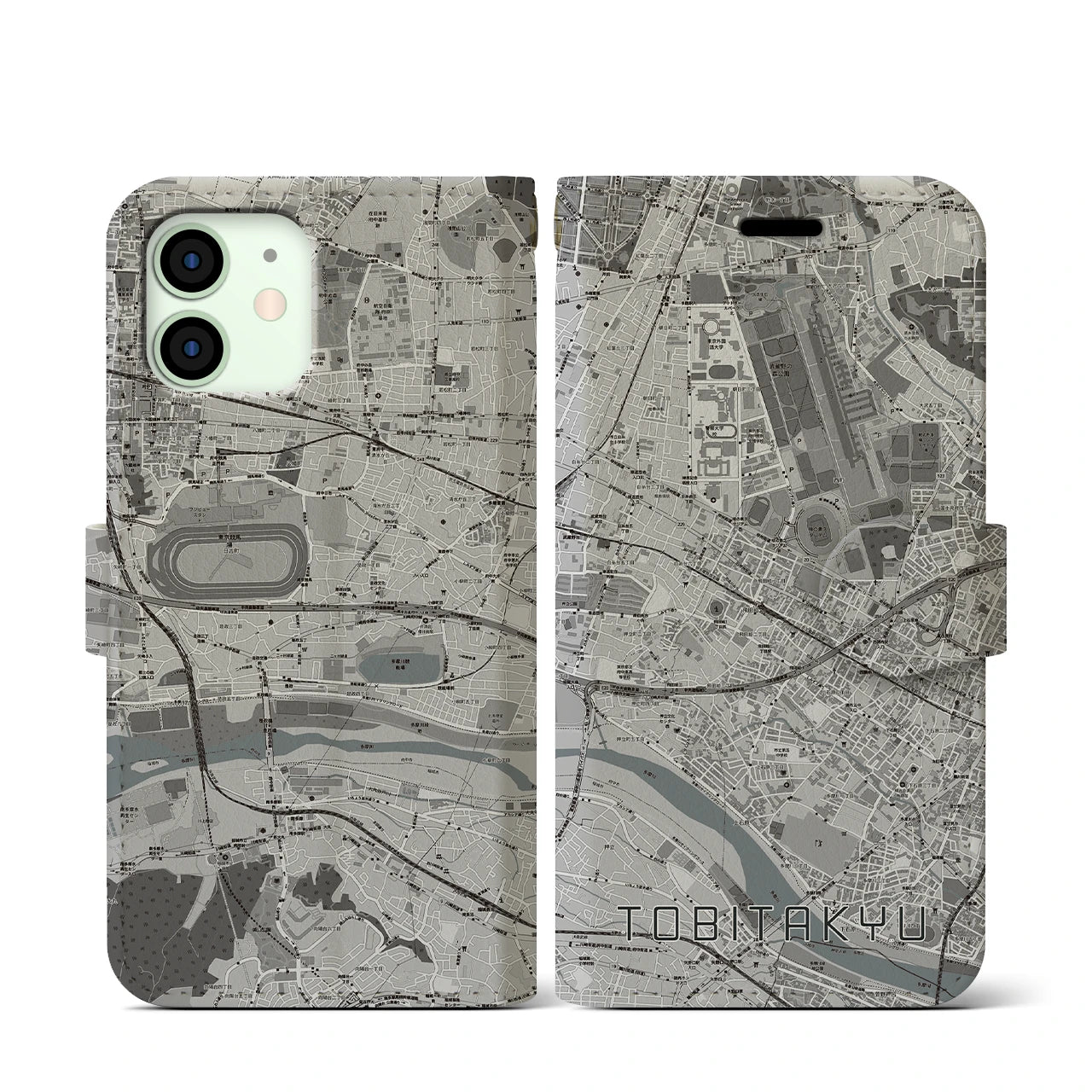 【飛田給(東京都)】地図柄iPhoneケース(手帳タイプ)モノトーン・iPhone 12 mini 用