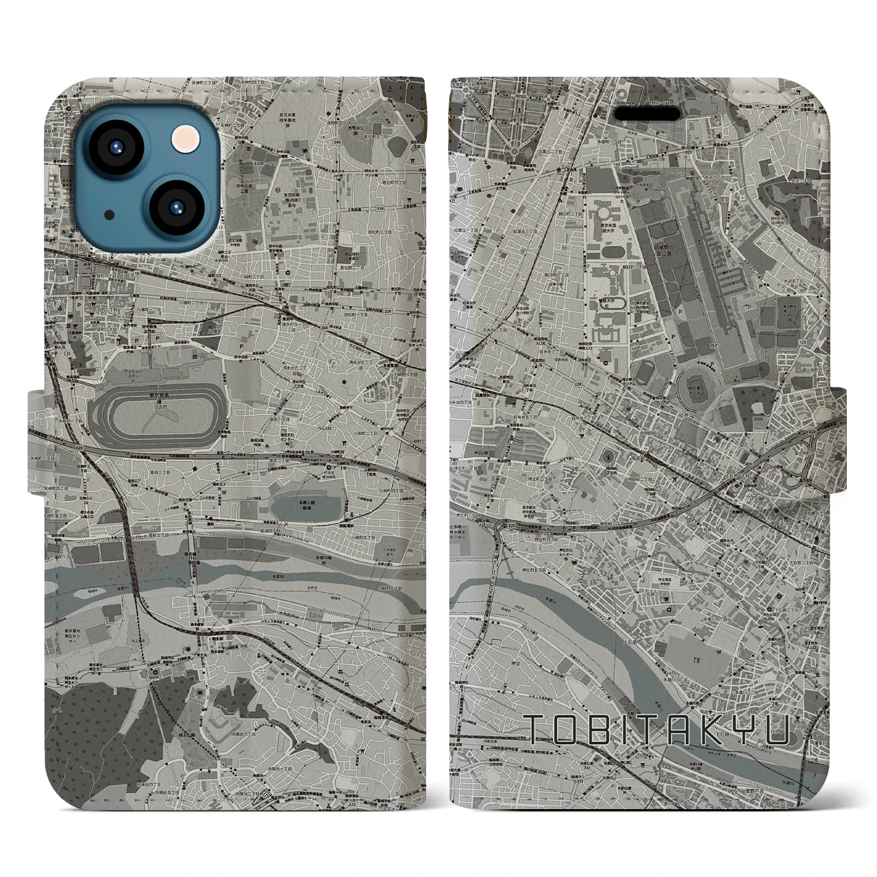【飛田給(東京都)】地図柄iPhoneケース(手帳タイプ)モノトーン・iPhone 13 用