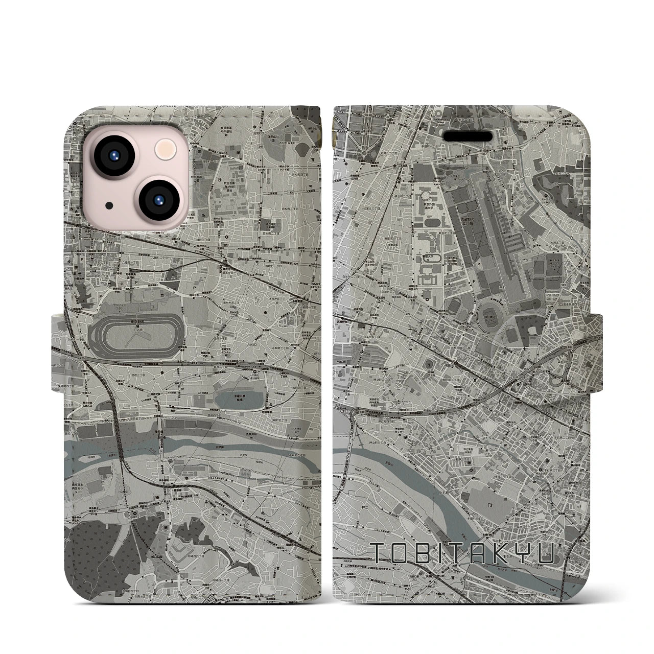 【飛田給(東京都)】地図柄iPhoneケース(手帳タイプ)モノトーン・iPhone 13 mini 用