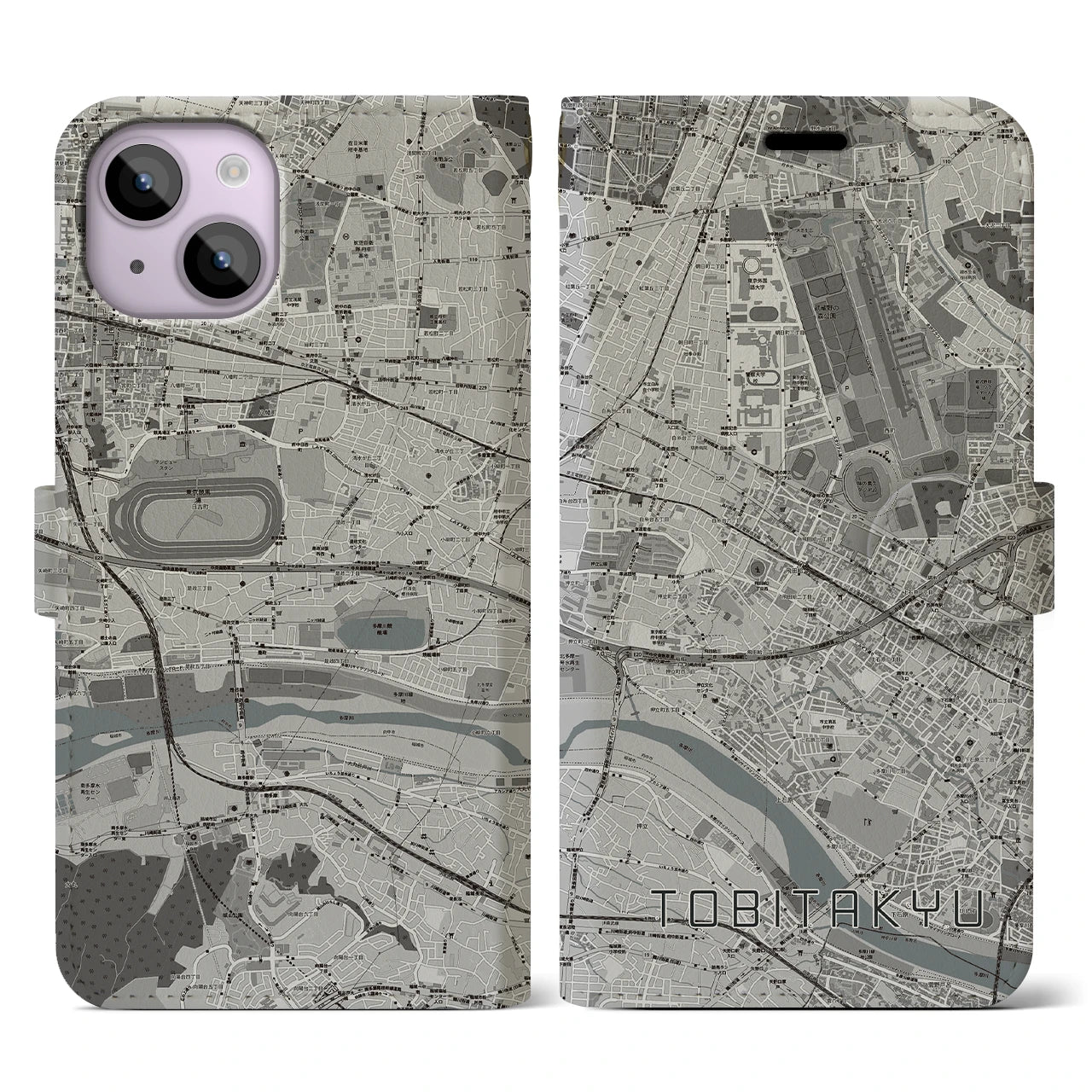 【飛田給(東京都)】地図柄iPhoneケース(手帳タイプ)モノトーン・iPhone 14 用