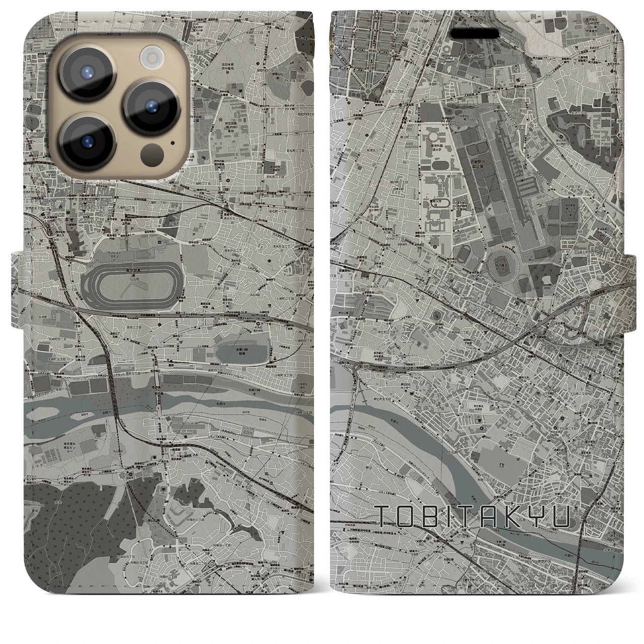 【飛田給(東京都)】地図柄iPhoneケース(手帳タイプ)モノトーン・iPhone 14 Pro Max 用