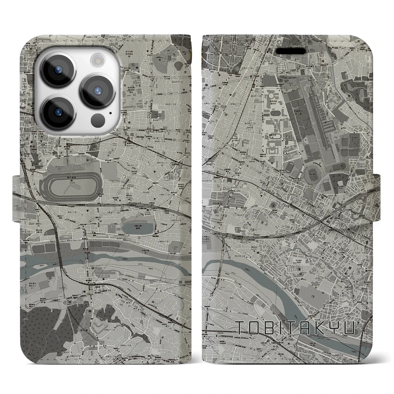 【飛田給(東京都)】地図柄iPhoneケース(手帳タイプ)モノトーン・iPhone 14 Pro 用
