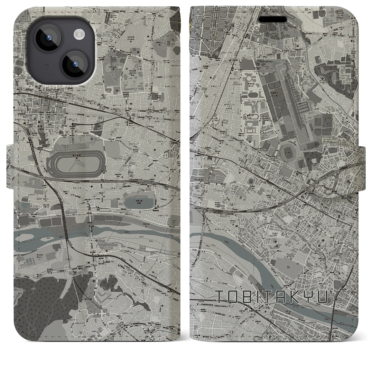 【飛田給(東京都)】地図柄iPhoneケース(手帳タイプ)モノトーン・iPhone 14 Plus 用