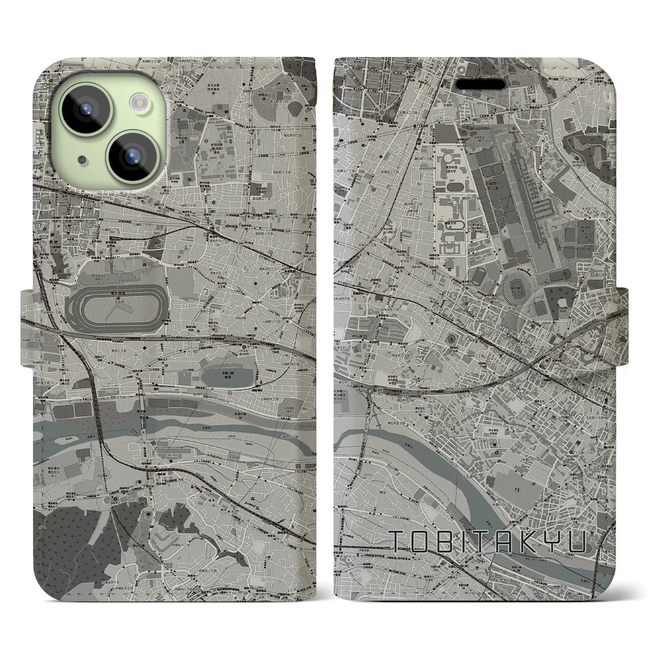 【飛田給(東京都)】地図柄iPhoneケース(手帳タイプ)モノトーン・iPhone 15 用