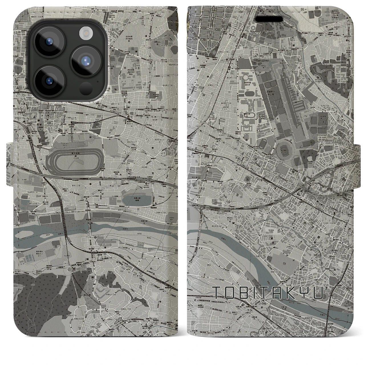 【飛田給(東京都)】地図柄iPhoneケース(手帳タイプ)モノトーン・iPhone 15 Pro Max 用