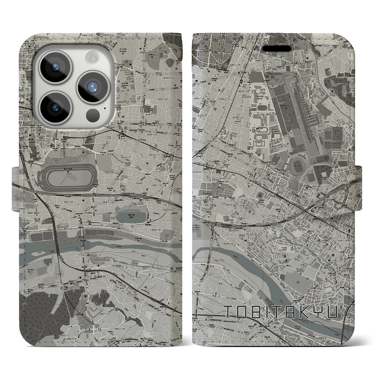 【飛田給(東京都)】地図柄iPhoneケース(手帳タイプ)モノトーン・iPhone 15 Pro 用