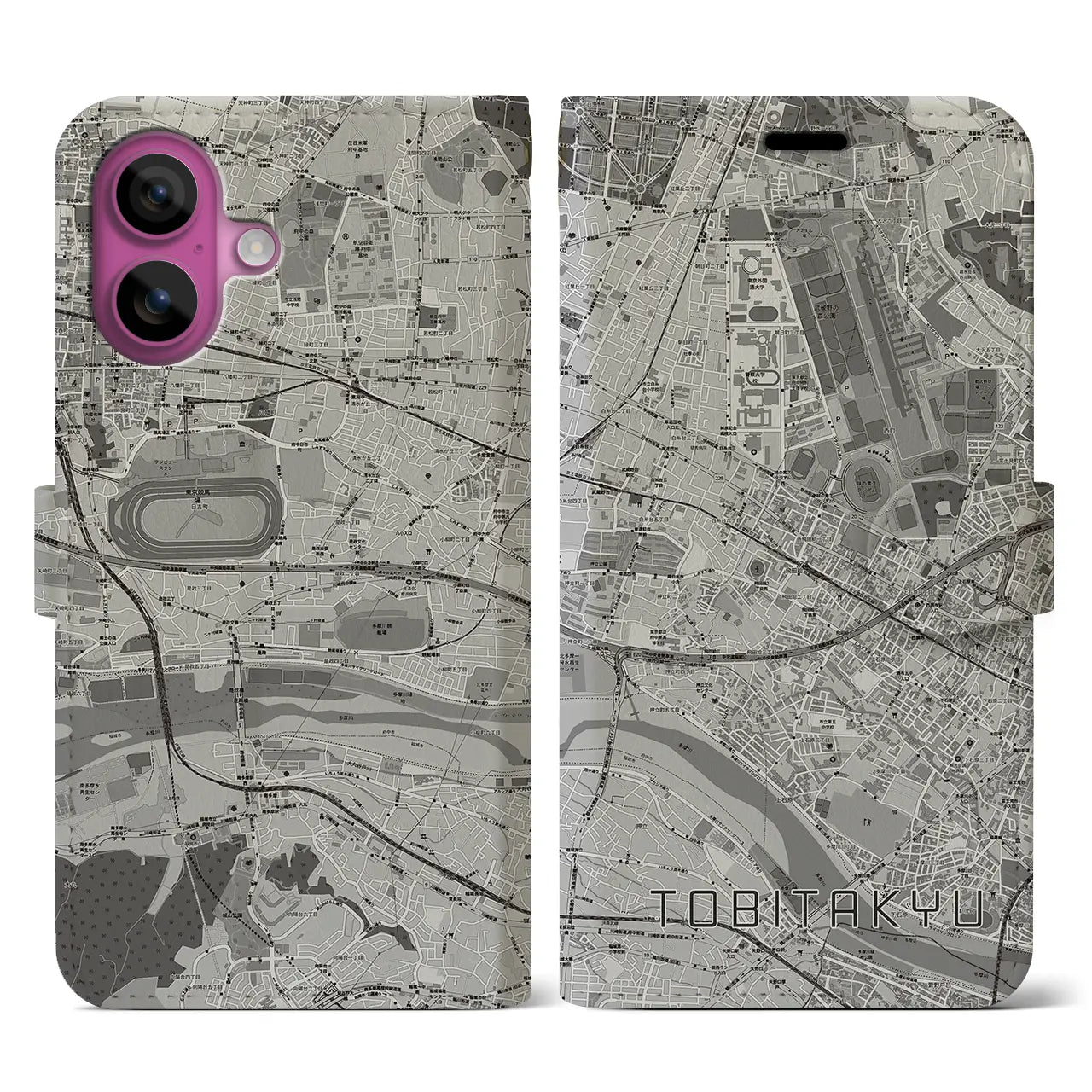 【飛田給(東京都)】地図柄iPhoneケース(手帳タイプ)モノトーン・iPhone 16 Pro 用