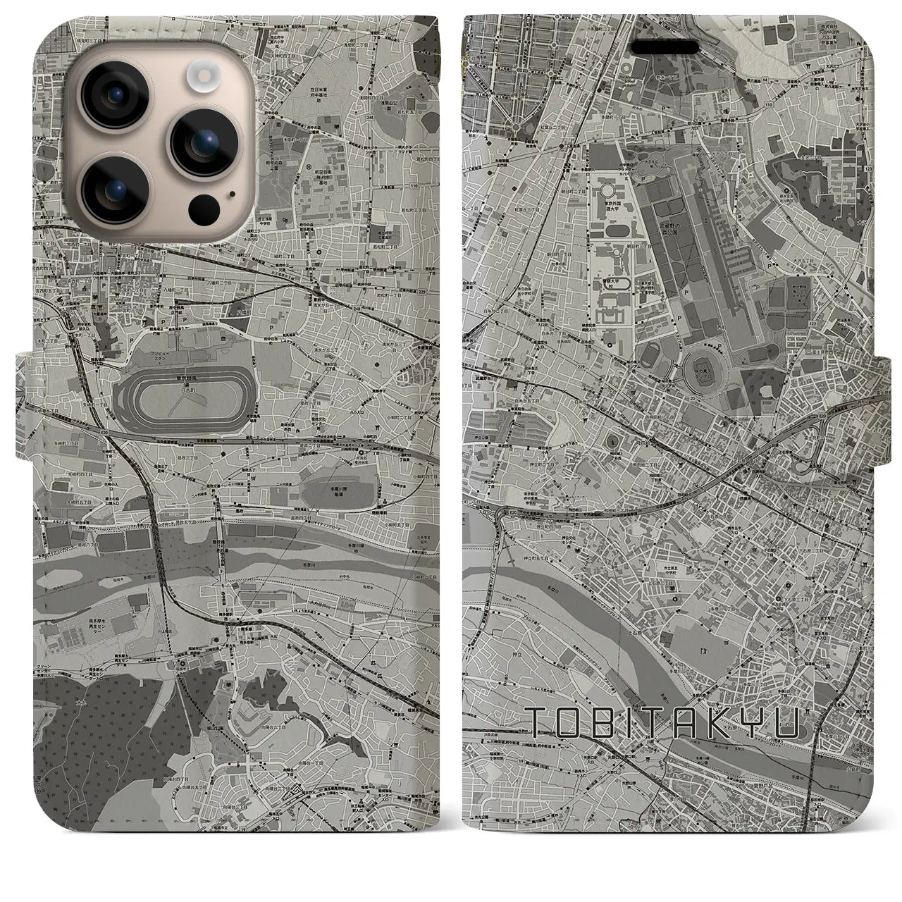 【飛田給(東京都)】地図柄iPhoneケース(手帳タイプ)モノトーン・iPhone 16 Plus 用