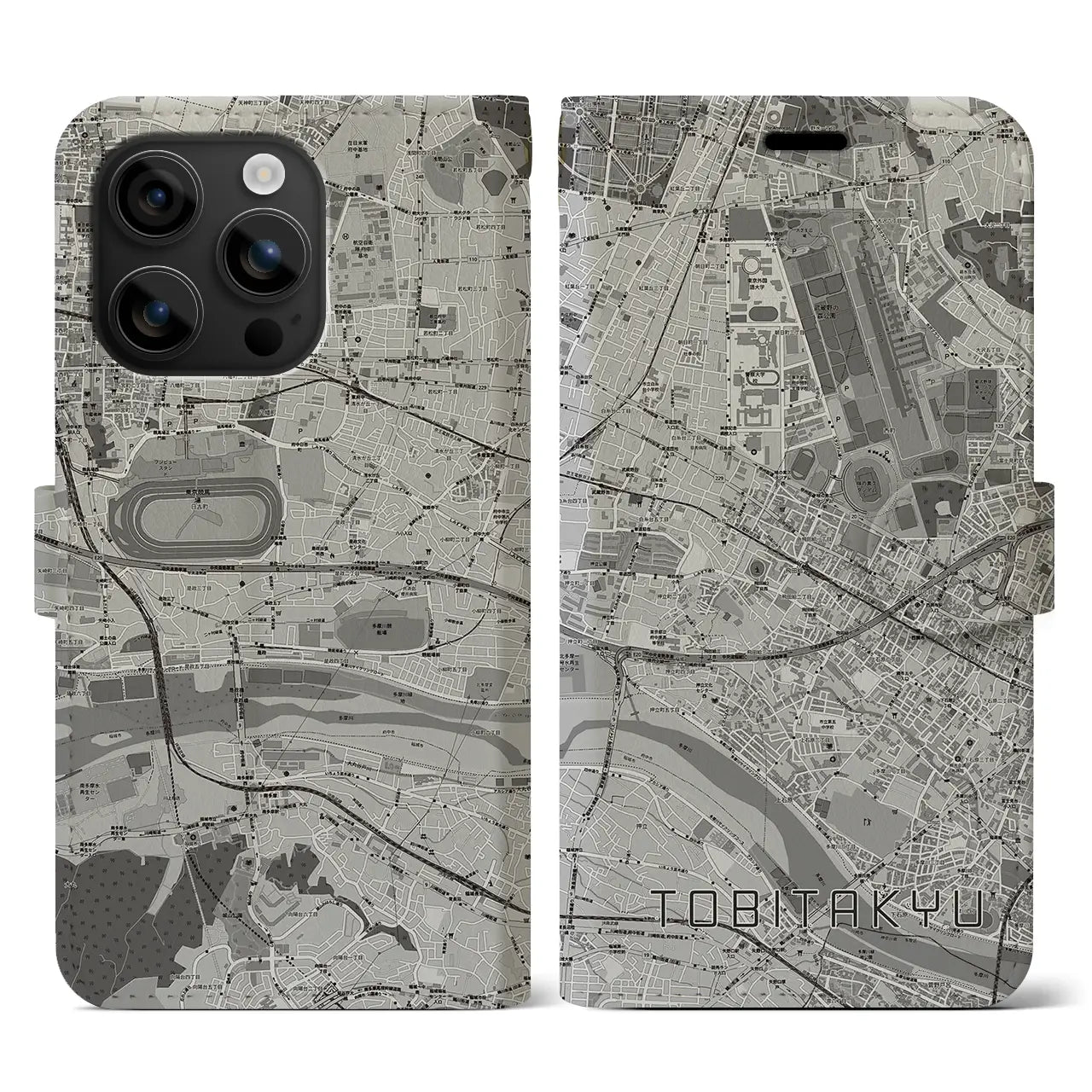 【飛田給(東京都)】地図柄iPhoneケース(手帳タイプ)モノトーン・iPhone 16 用