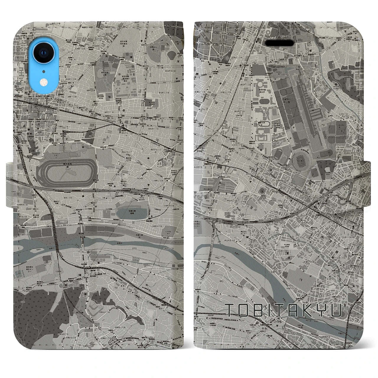 【飛田給(東京都)】地図柄iPhoneケース(手帳タイプ)モノトーン・iPhone XR 用