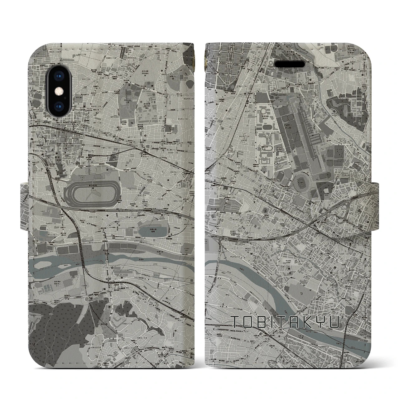 【飛田給(東京都)】地図柄iPhoneケース(手帳タイプ)モノトーン・iPhone XS / X 用