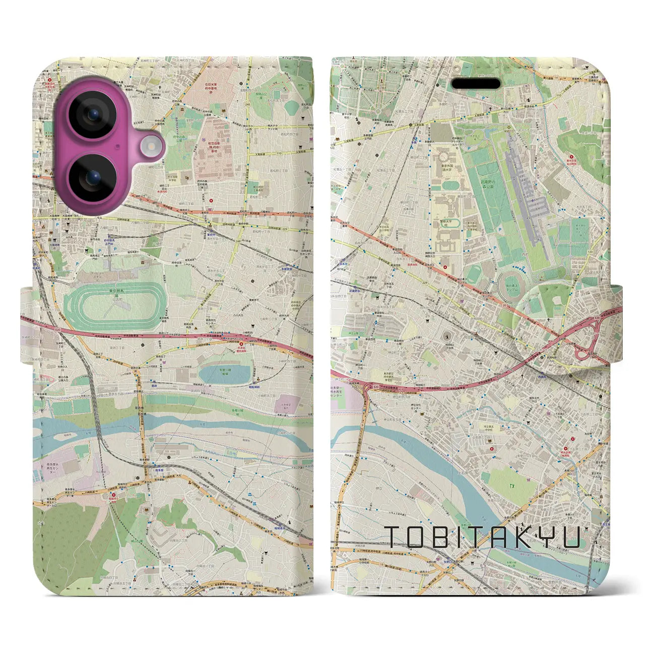 【飛田給(東京都)】地図柄iPhoneケース(手帳タイプ)ナチュラル・iPhone 16 Pro 用