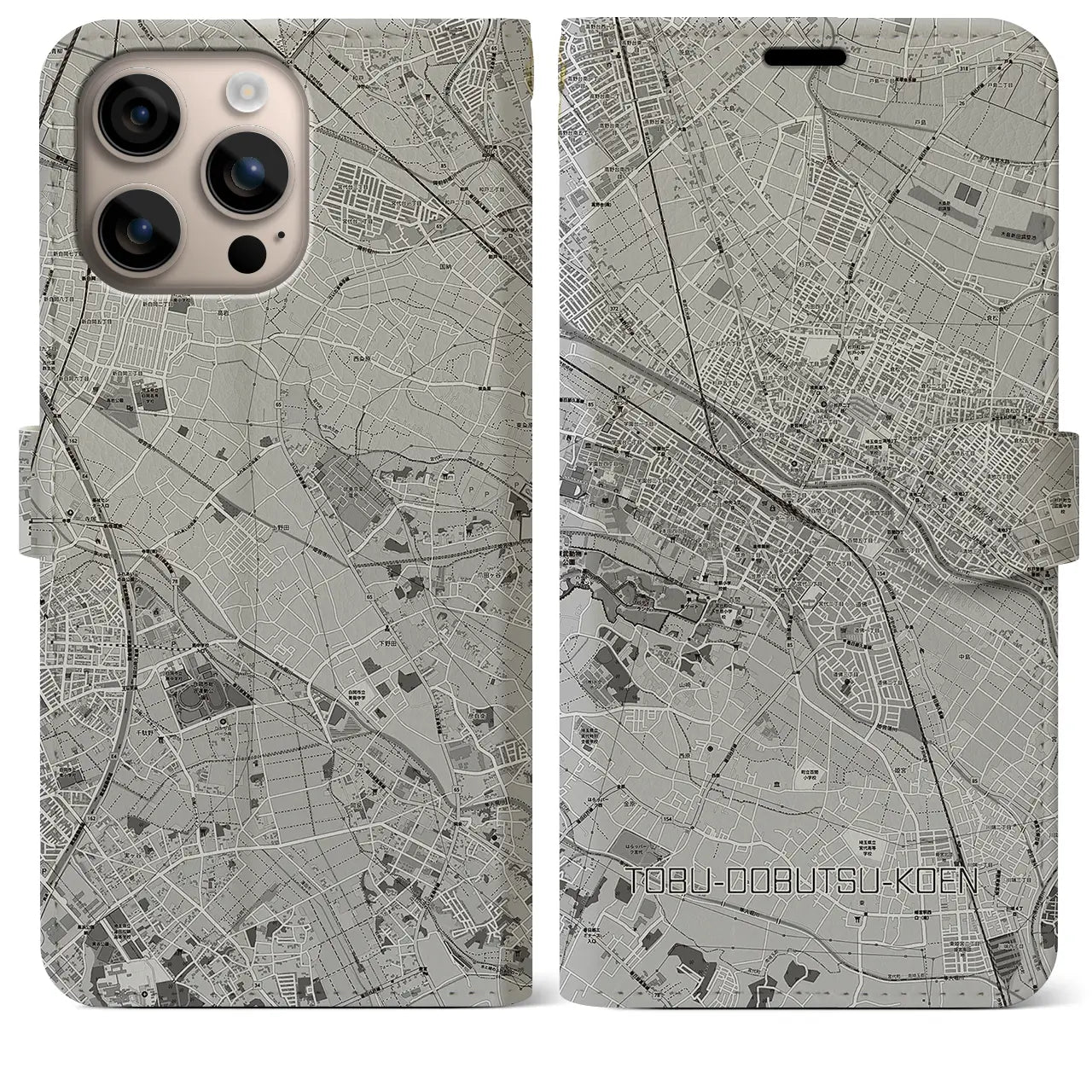 【東武動物公園(埼玉県)】地図柄iPhoneケース(手帳タイプ)モノトーン・iPhone 16 Plus 用