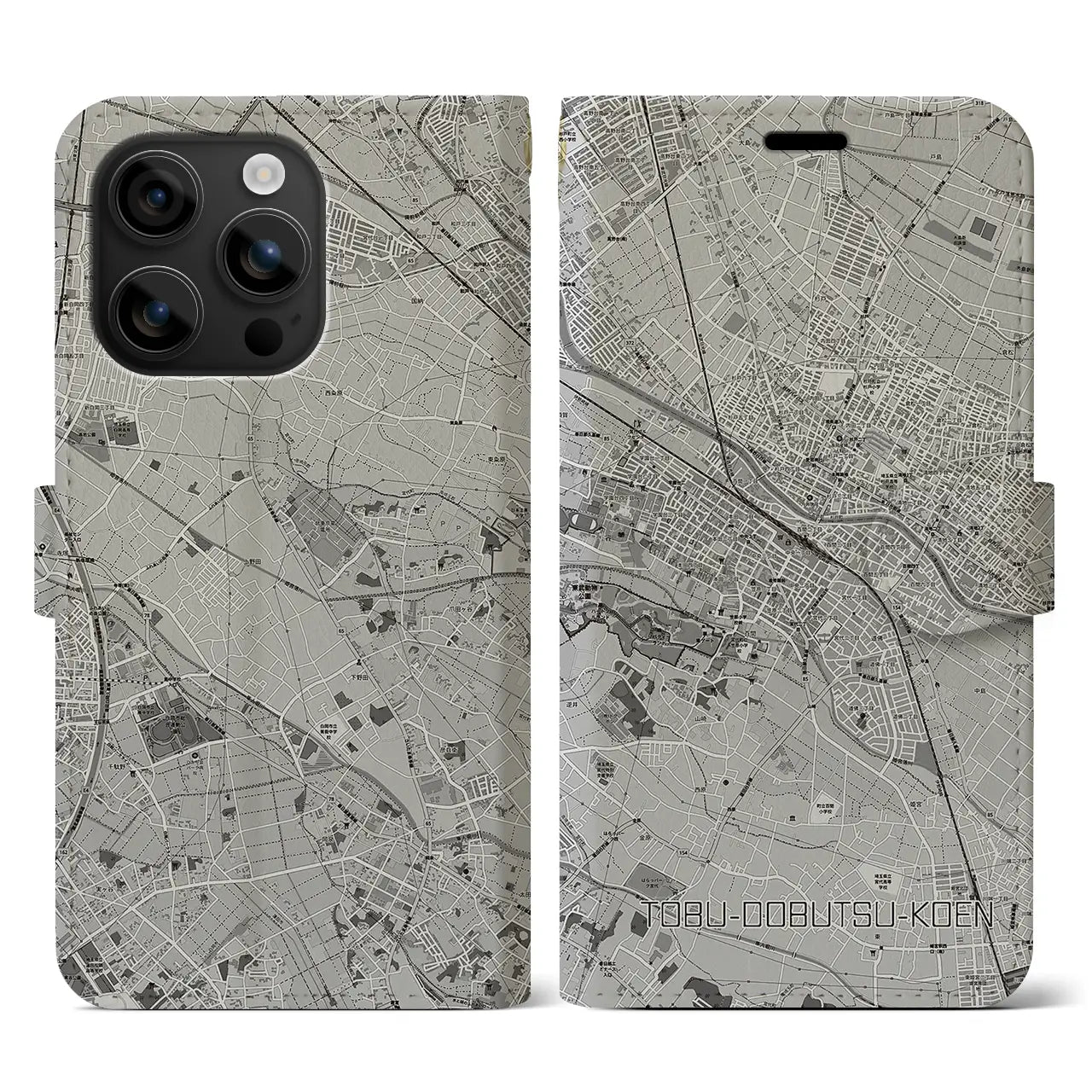 【東武動物公園(埼玉県)】地図柄iPhoneケース(手帳タイプ)モノトーン・iPhone 16 用
