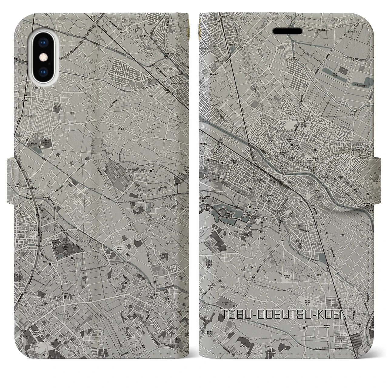 【東武動物公園(埼玉県)】地図柄iPhoneケース(手帳タイプ)モノトーン・iPhone XS Max 用