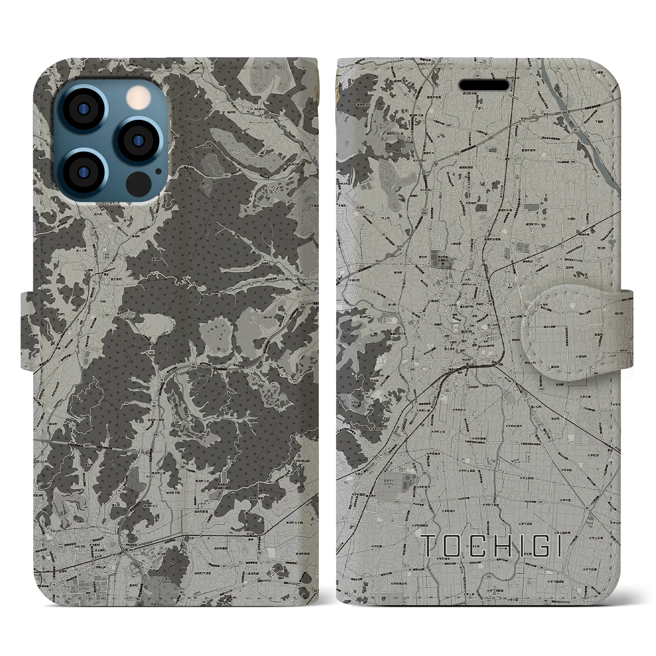 【栃木(栃木県)】地図柄iPhoneケース(手帳タイプ)モノトーン・iPhone 12 / 12 Pro 用