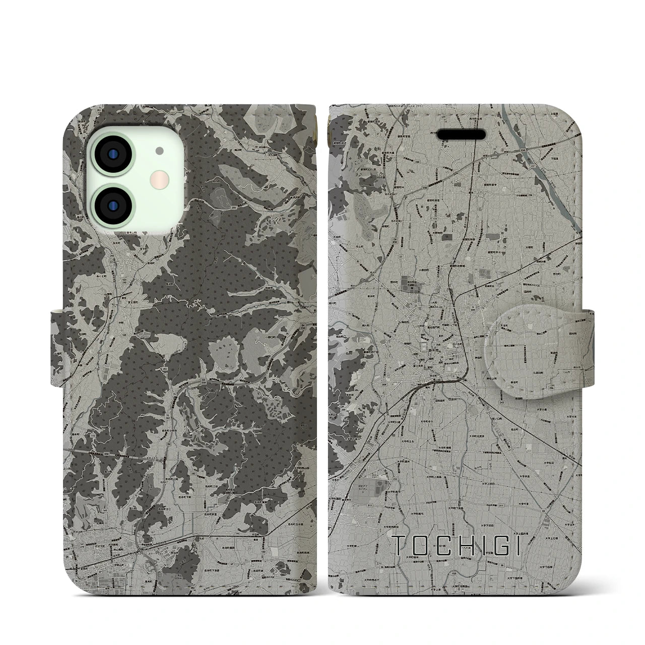 【栃木(栃木県)】地図柄iPhoneケース(手帳タイプ)モノトーン・iPhone 12 mini 用