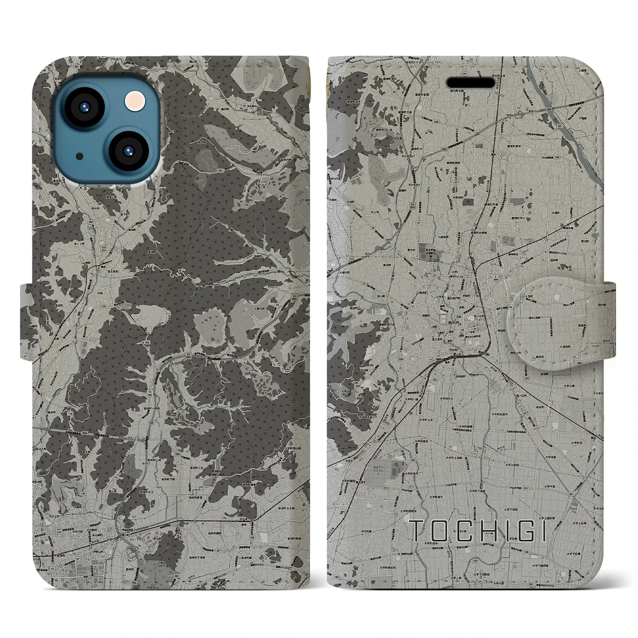 【栃木(栃木県)】地図柄iPhoneケース(手帳タイプ)モノトーン・iPhone 13 用