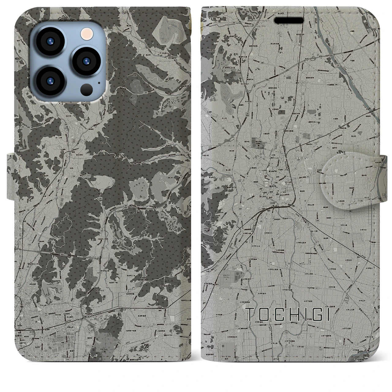 【栃木(栃木県)】地図柄iPhoneケース(手帳タイプ)モノトーン・iPhone 13 Pro Max 用