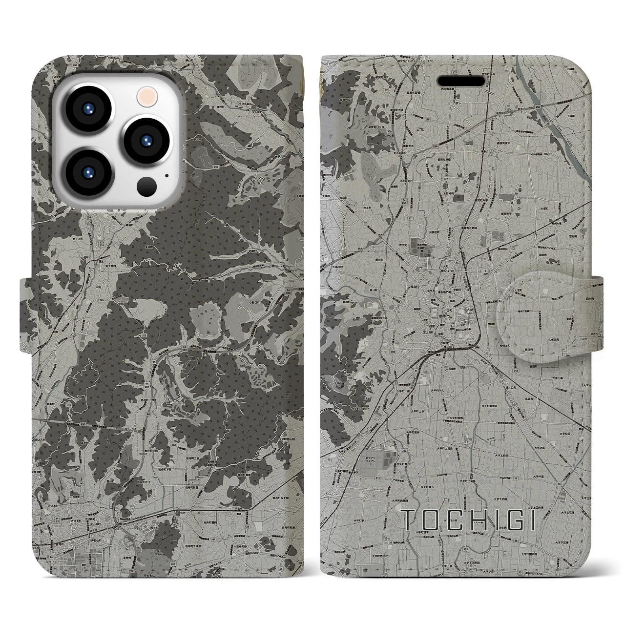 【栃木(栃木県)】地図柄iPhoneケース(手帳タイプ)モノトーン・iPhone 13 Pro 用