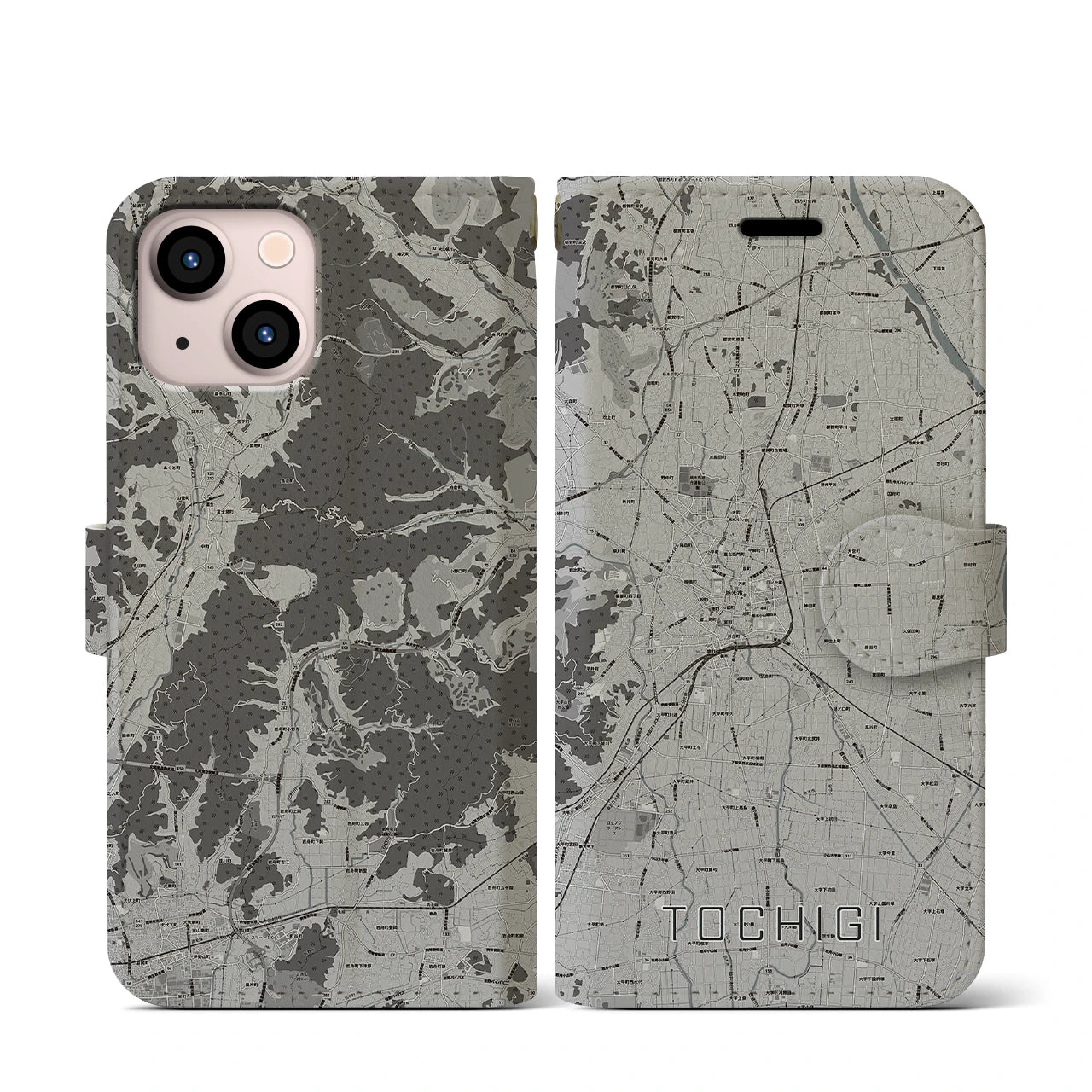 【栃木(栃木県)】地図柄iPhoneケース(手帳タイプ)モノトーン・iPhone 13 mini 用