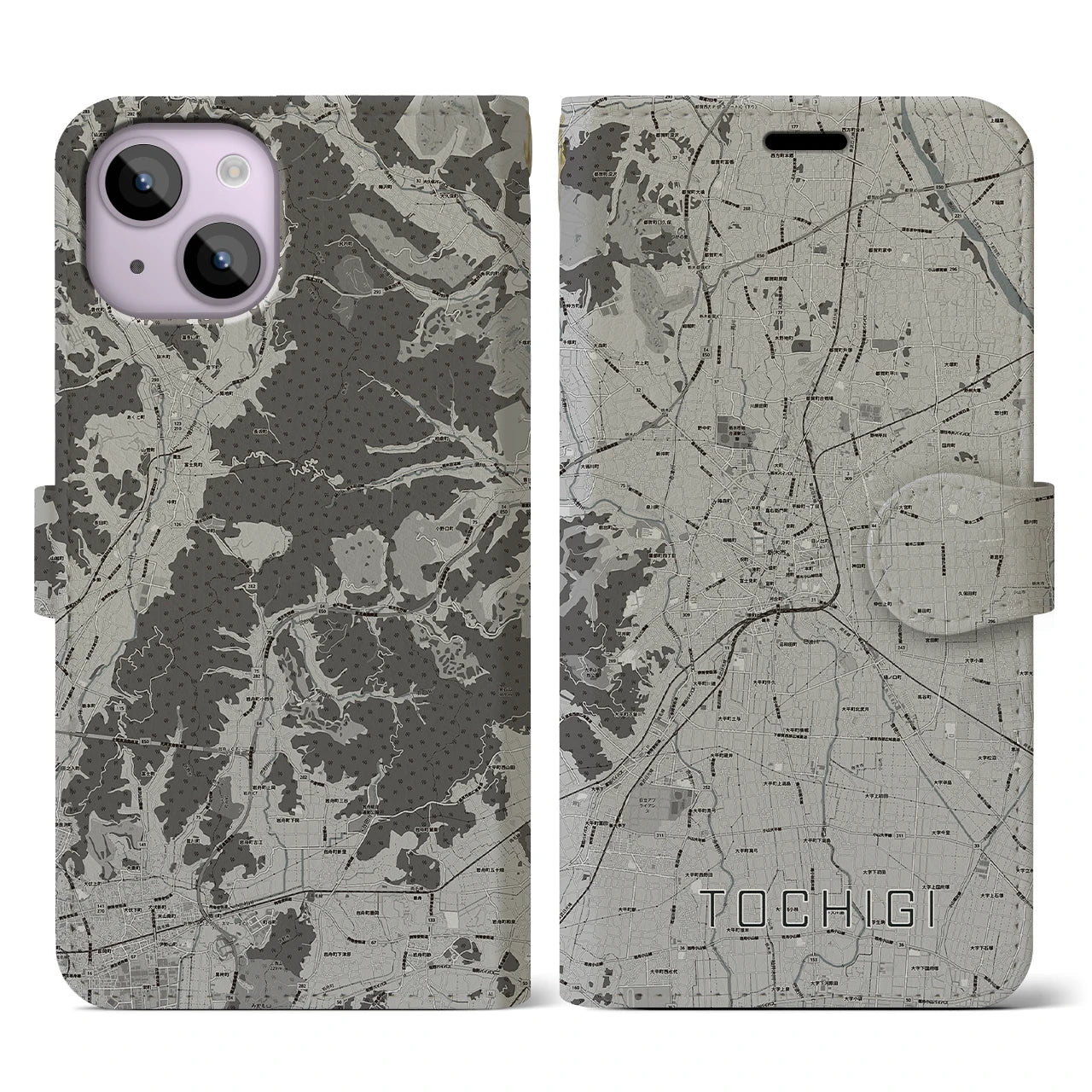 【栃木(栃木県)】地図柄iPhoneケース(手帳タイプ)モノトーン・iPhone 14 用