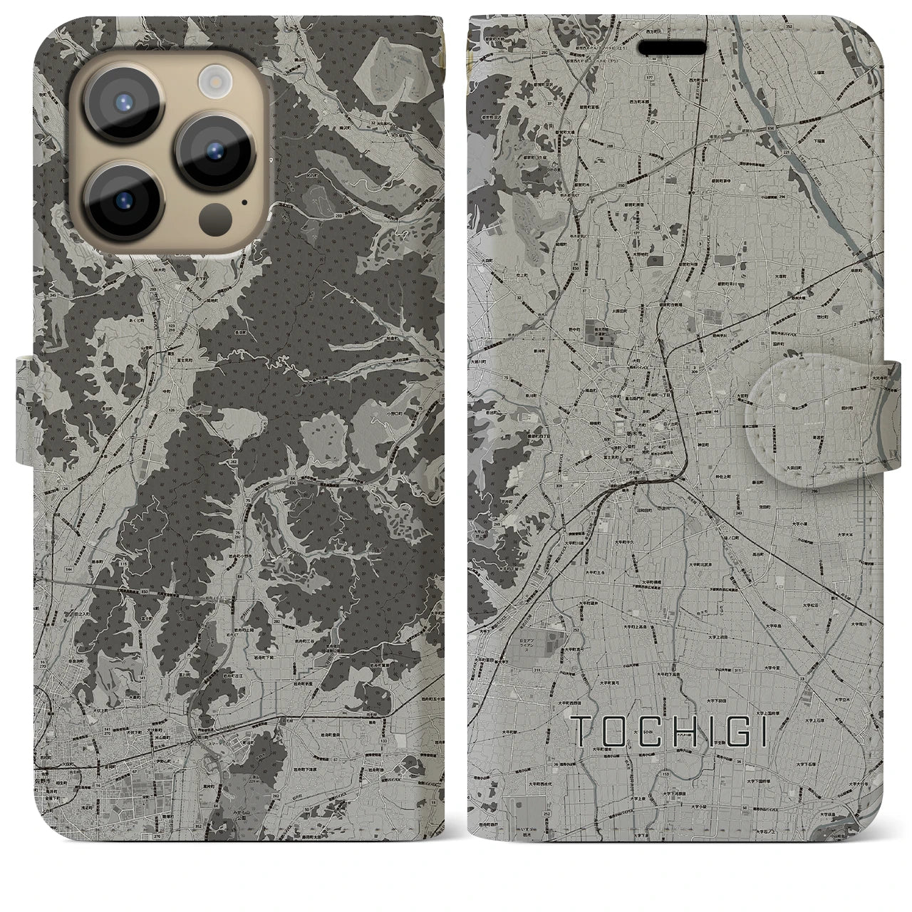 【栃木(栃木県)】地図柄iPhoneケース(手帳タイプ)モノトーン・iPhone 14 Pro Max 用