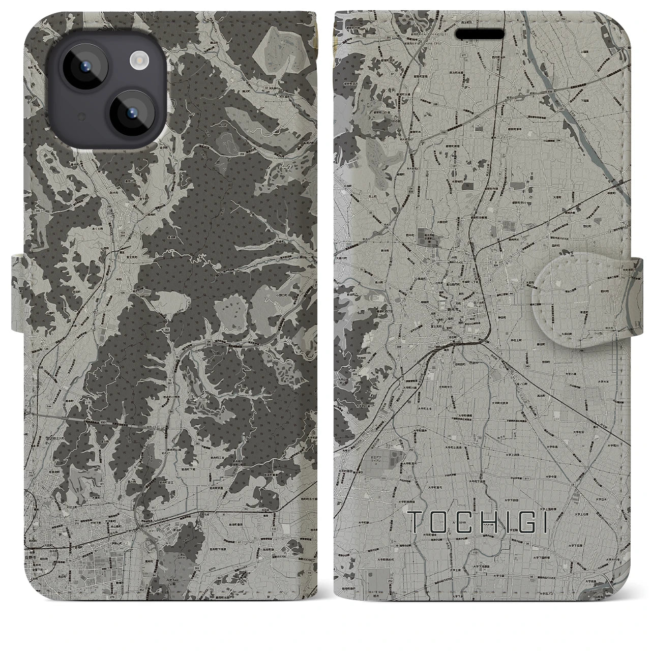 【栃木(栃木県)】地図柄iPhoneケース(手帳タイプ)モノトーン・iPhone 14 Plus 用