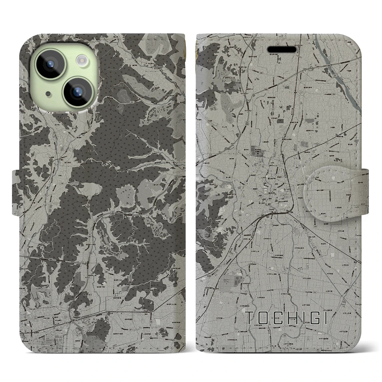 【栃木(栃木県)】地図柄iPhoneケース(手帳タイプ)モノトーン・iPhone 15 用